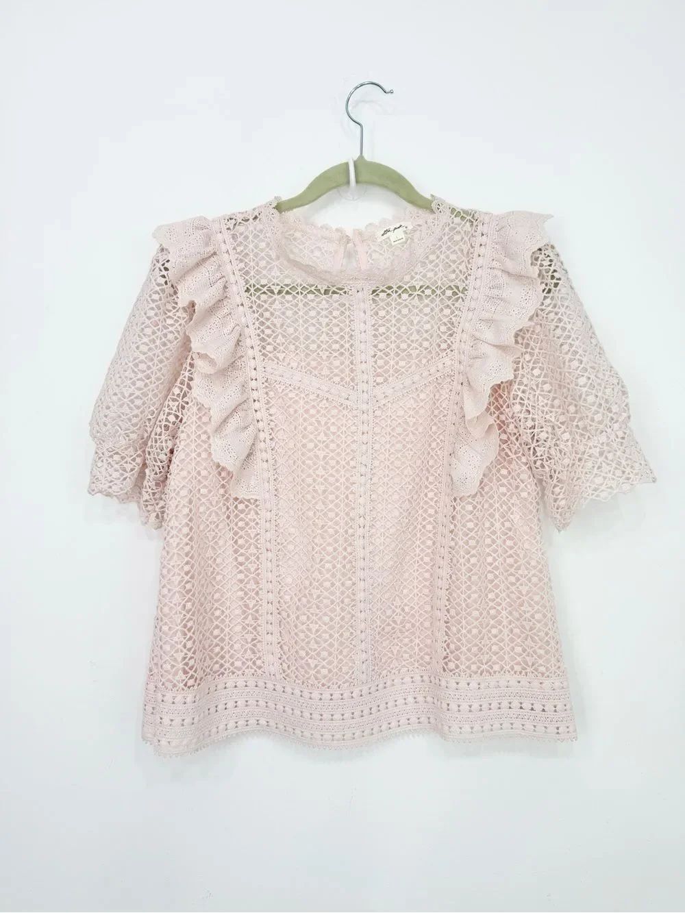 Ultra Pink Blush Pink Open Lace Ruffle Short Sleeve Romantic Victorian Blouse